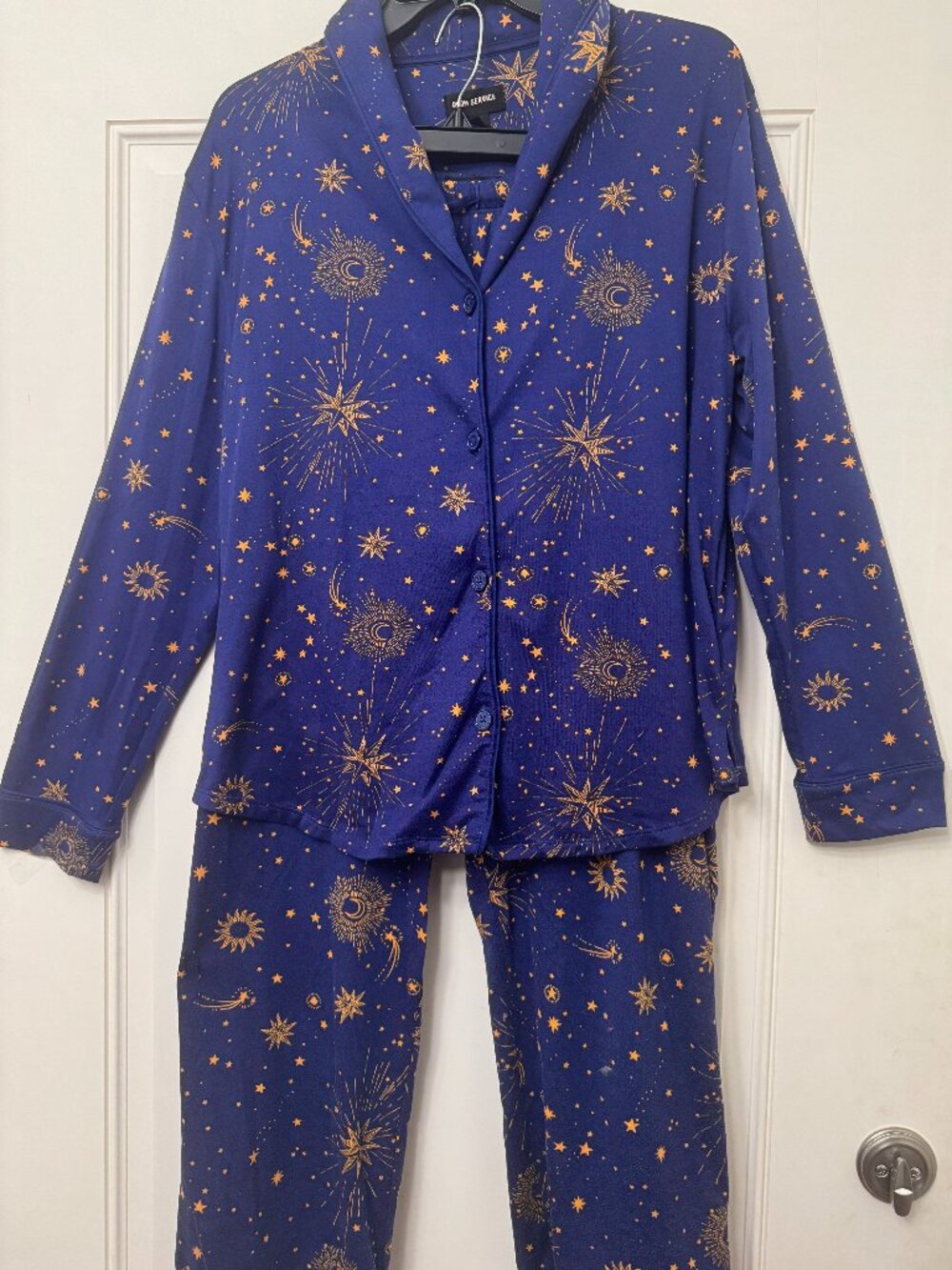 Room Service Pajamas Blue & Gold Stars Galaxy Soft Quiet Luxury Comfy Colorful